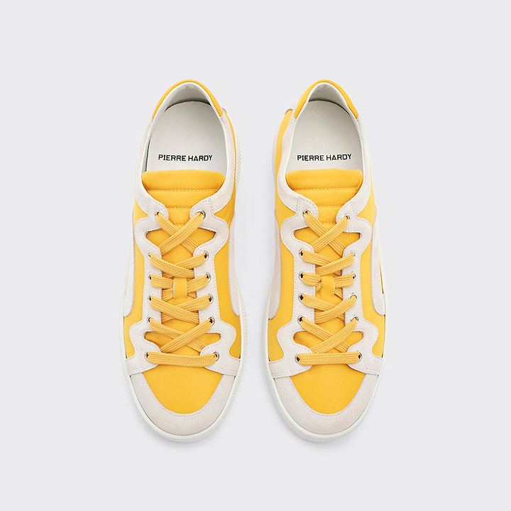 Pierre Hardy ALPHA SNEAKERS - MEN, yellow nylon canvas and white suede calfskin, vue 6