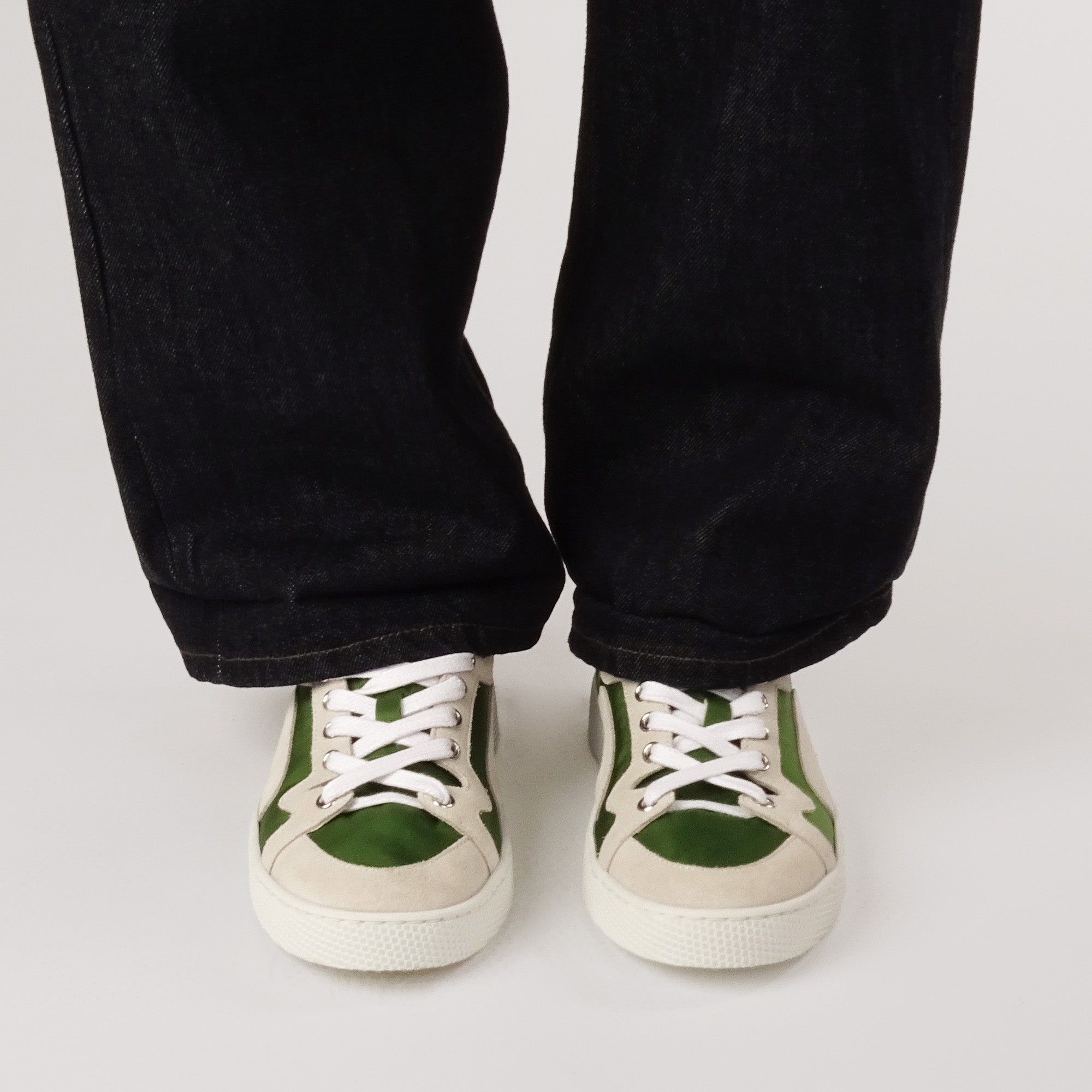 Pierre Hardy ALPHA SNEAKERS - MEN, green nylon canvas and white suede calfskin, vue 4