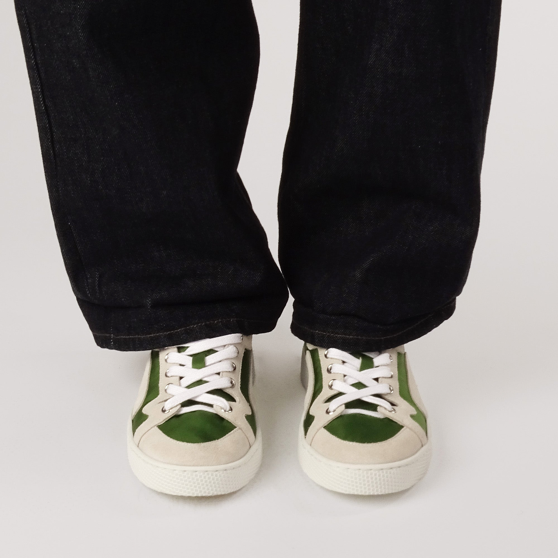 Pierre Hardy ALPHA SNEAKERS - MEN, green nylon canvas and white suede calfskin, vue 4