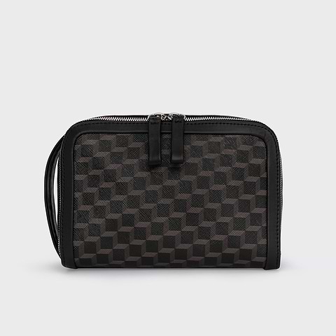 Pierre Hardy TROUSSE DE TOILETTE, toile enduite cube perspective noir et cuir de veau noir