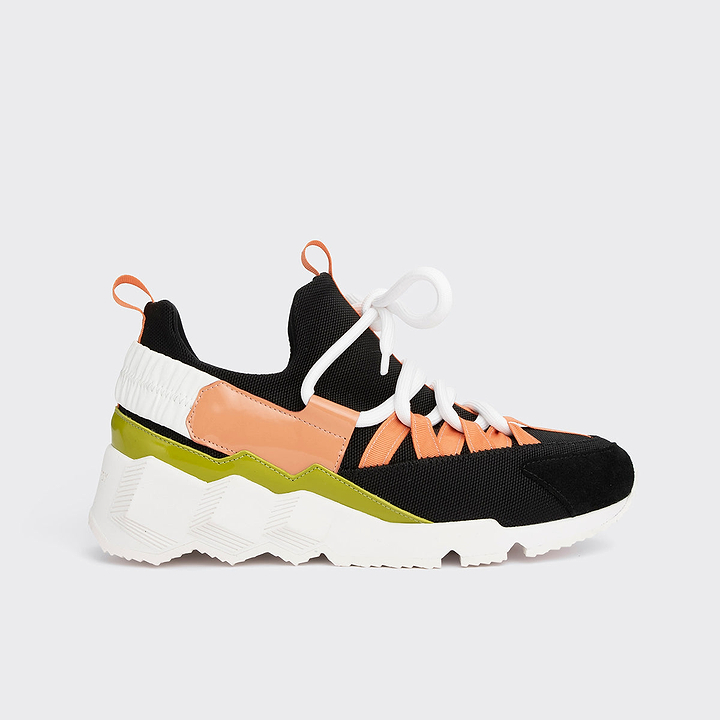 Pierre Hardy TREK COMET SNEAKERS, black nylon canvas, black suede calfskin and lime and apricot patent lambskin