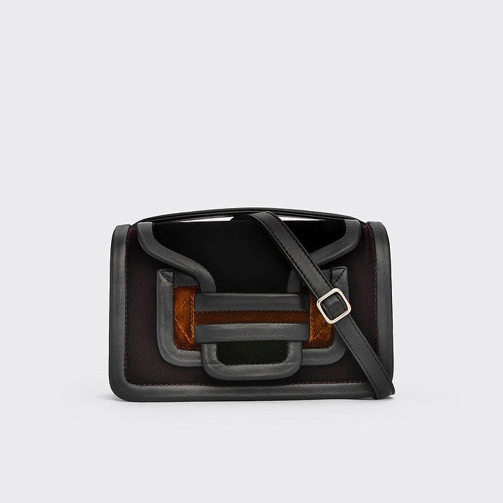 Pierre Hardy ALPHA HANDBAG, black, plum and camel suede and black lambskin