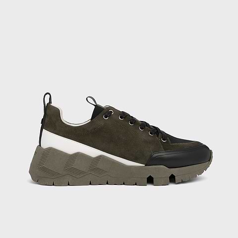 Pierre Hardy BASKETS STREET LIFE, toile de nylon noir, cuir de veau velours kaki et cuir de veau noir & blanc