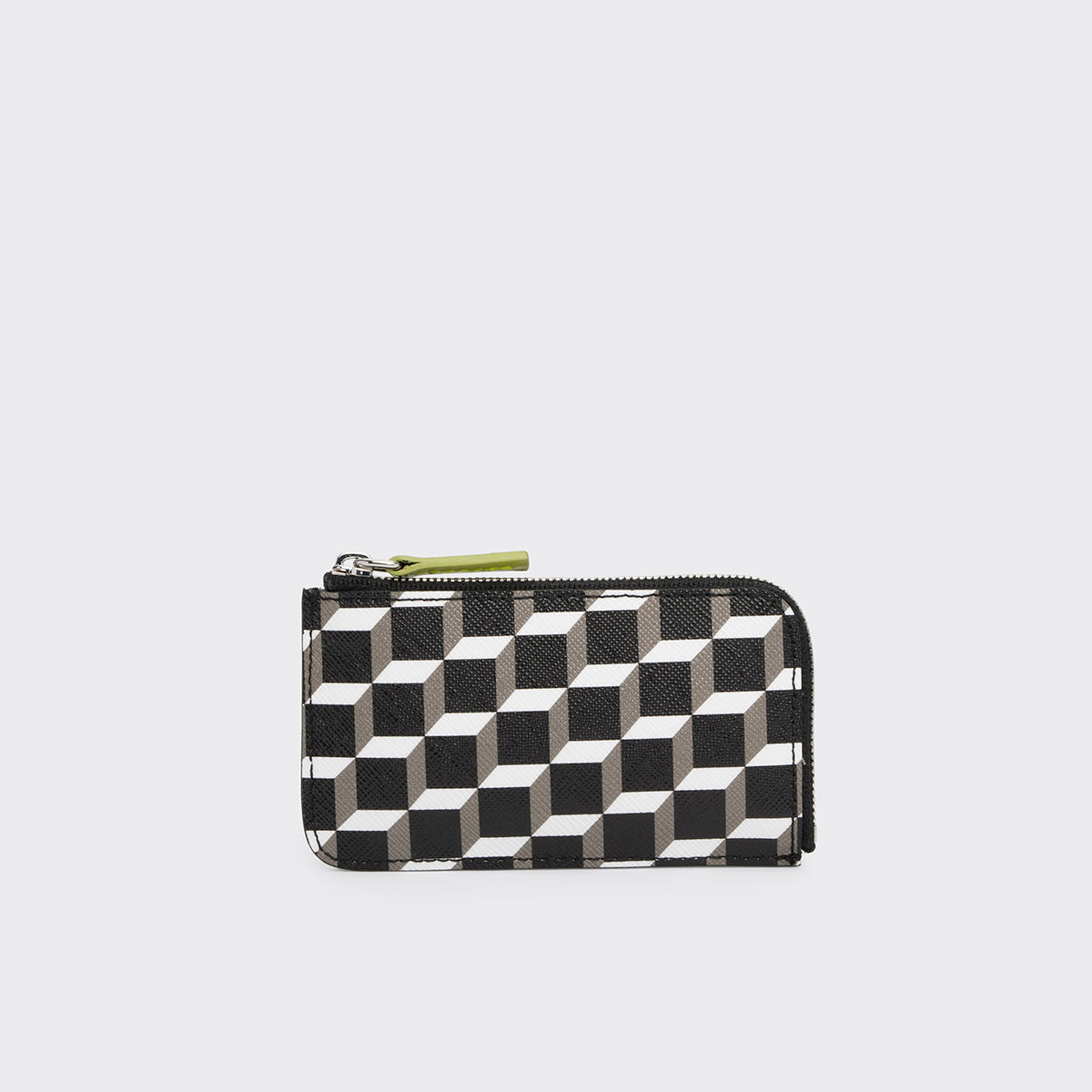 Pierre Hardy BABYLONE COIN PURSE, cube perspective coated canvas, lime and apricot lambskin and black calfskin, vue 3