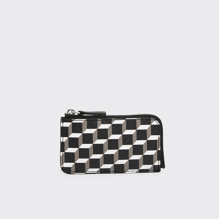 Pierre Hardy BABYLONE COIN PURSE, cube perspective coated canvas, navy and khaki lambskin and black calfskin, vue 3