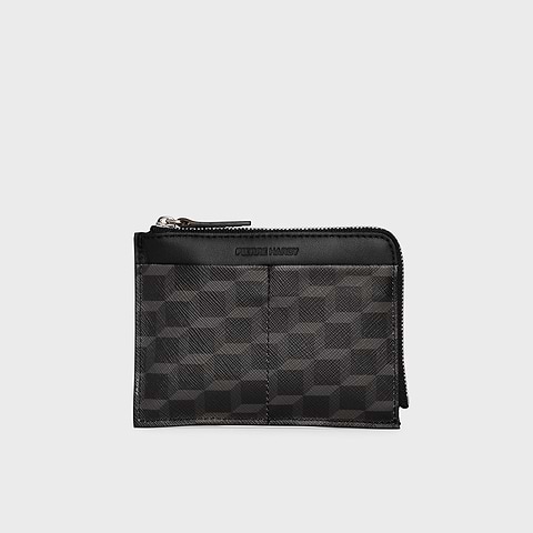 Pierre Hardy PORTE MONNAIE VALOIS, toile enduite cube perspective noir et cuir de veau noir