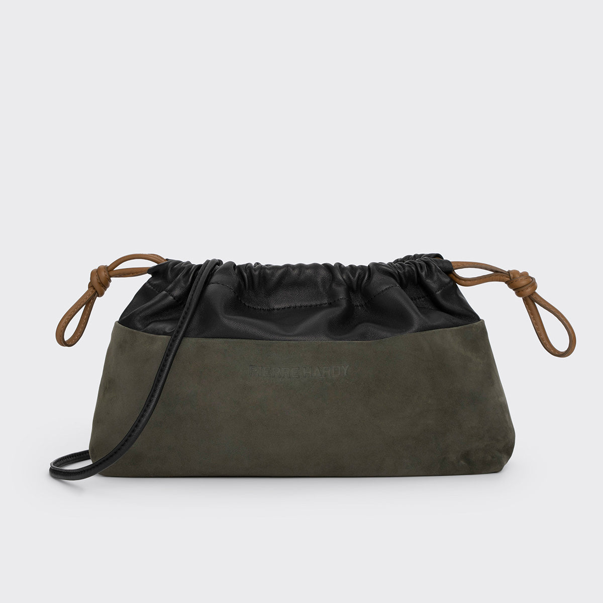 Pierre Hardy POCHETTE TWIN, cuir de chevreau velours kaki et cuir d'agneau noir