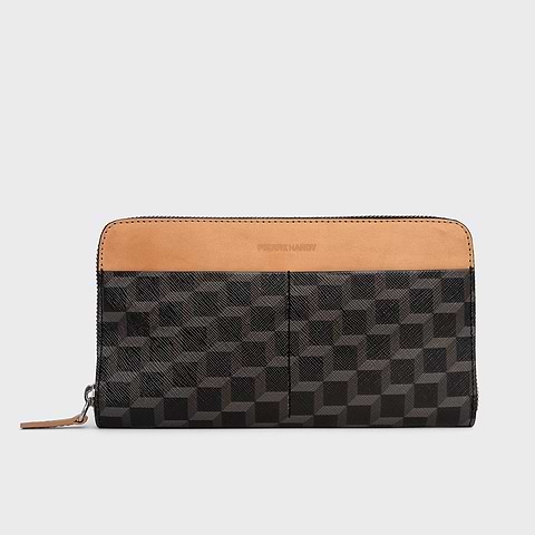 Pierre Hardy AOYAMA MAXI WALLET, black perspective cube coated canvas and tan calfskin
