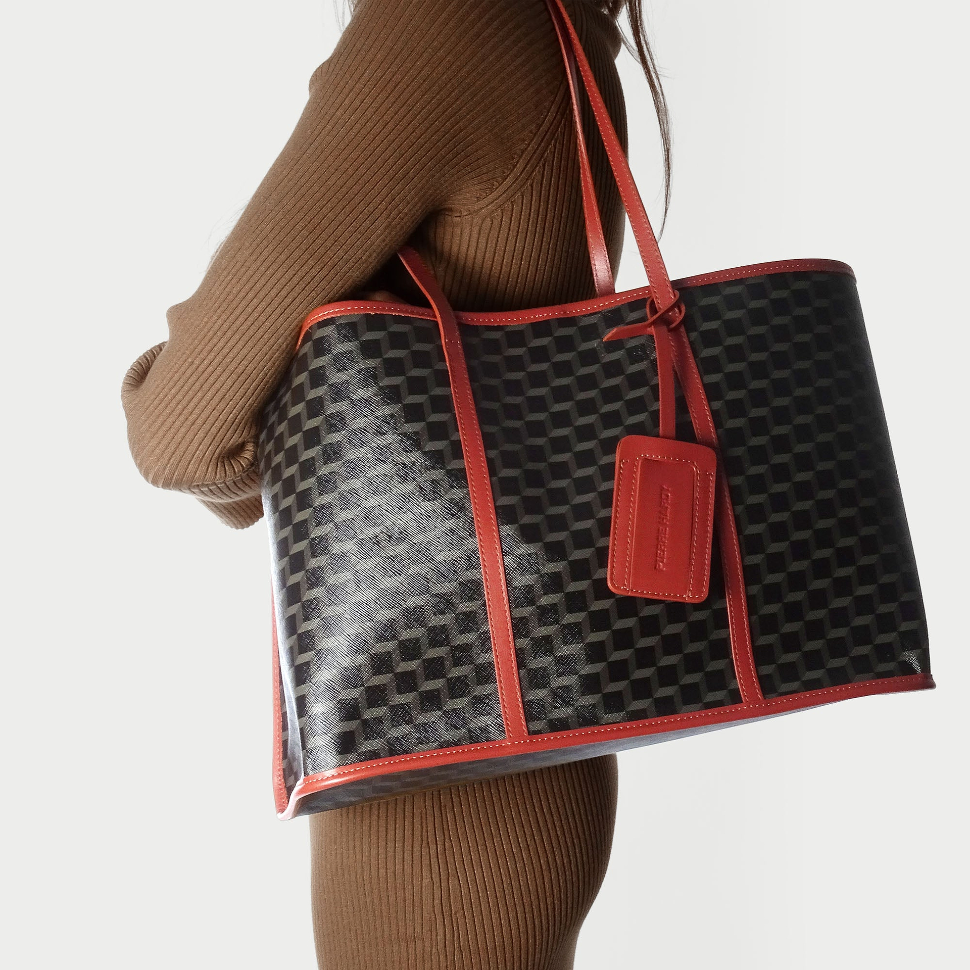 Pierre Hardy CAB TOTE, black cube perspective coated canvas and rust calfskin, view 4