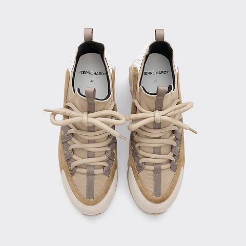 Pierre Hardy TREK COMET SNEAKERS, sand nylon canvas, beige and off-white suede calfskin and white calfskin, view 2