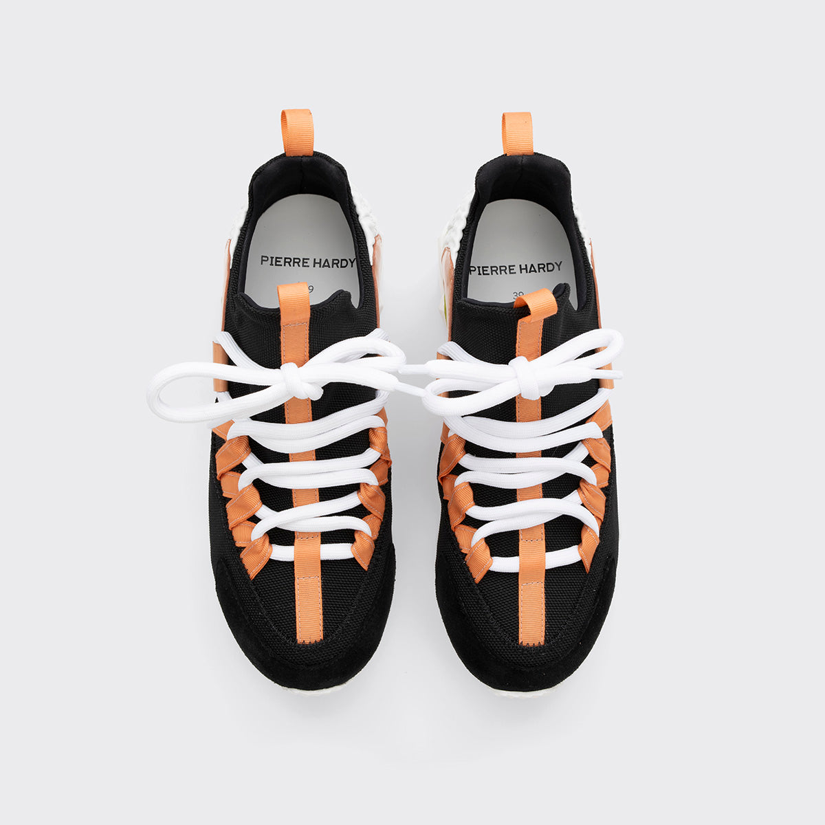 Pierre Hardy TREK COMET SNEAKERS, black nylon canvas, black suede calfskin and lime and apricot patent lambskin, view 2