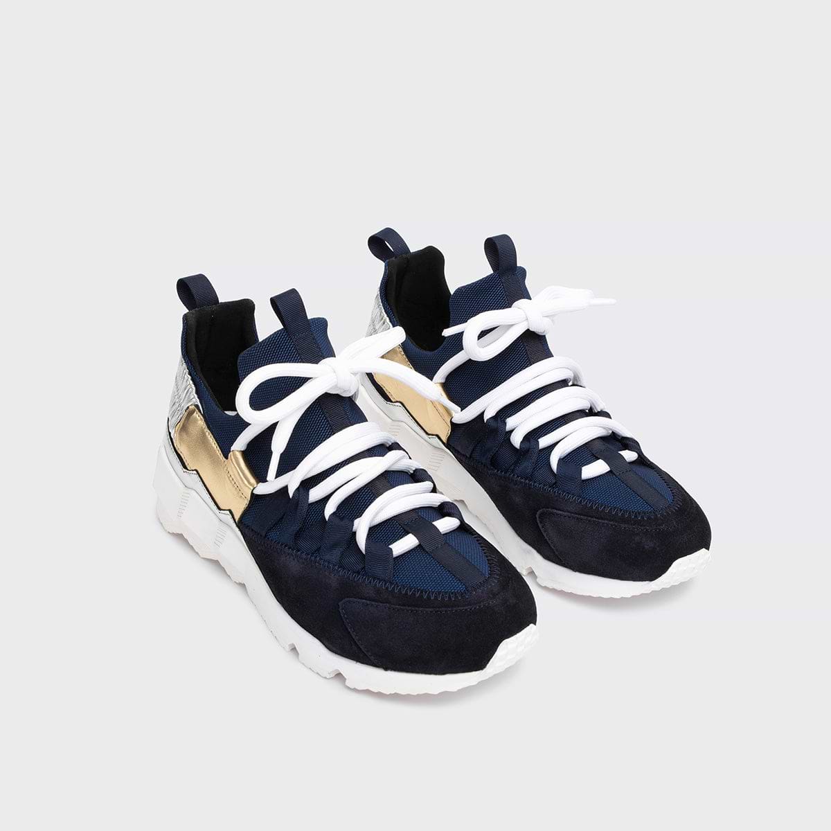 Pierre Hardy TREK COMET SNEAKERS, navy nylon canvas, navy suede calfskin and silver and champagne lambskin, view 3
