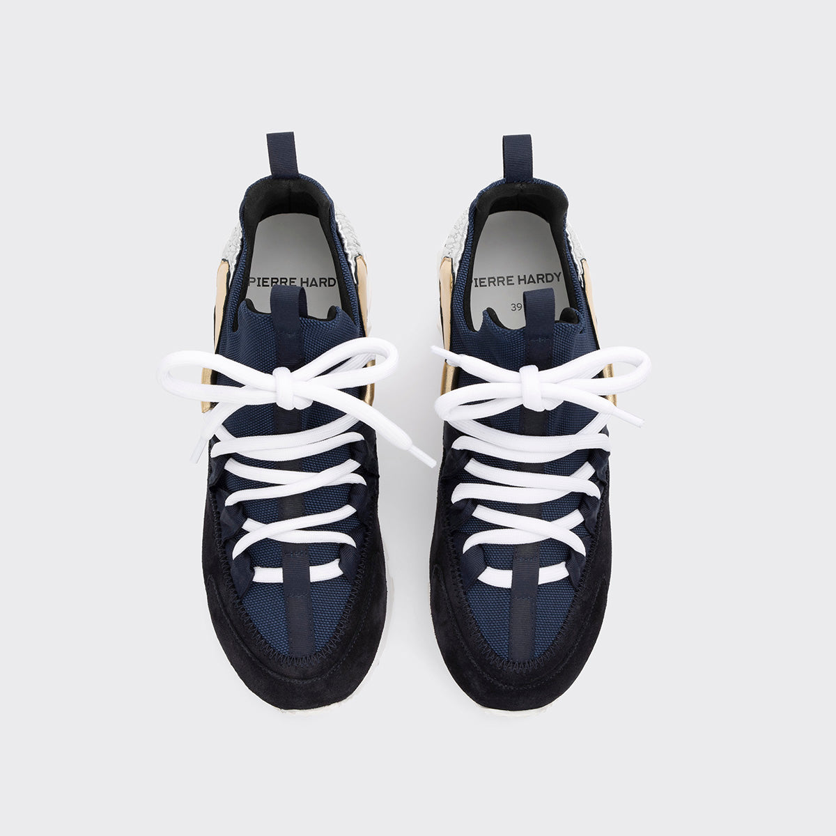 Pierre Hardy TREK COMET SNEAKERS, navy nylon canvas, navy suede calfskin and silver and champagne lambskin, view 2