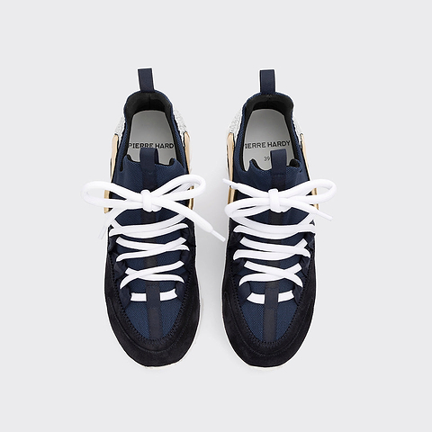 Pierre Hardy TREK COMET SNEAKERS, navy nylon canvas, navy suede calfskin and silver and champagne lambskin, view 2