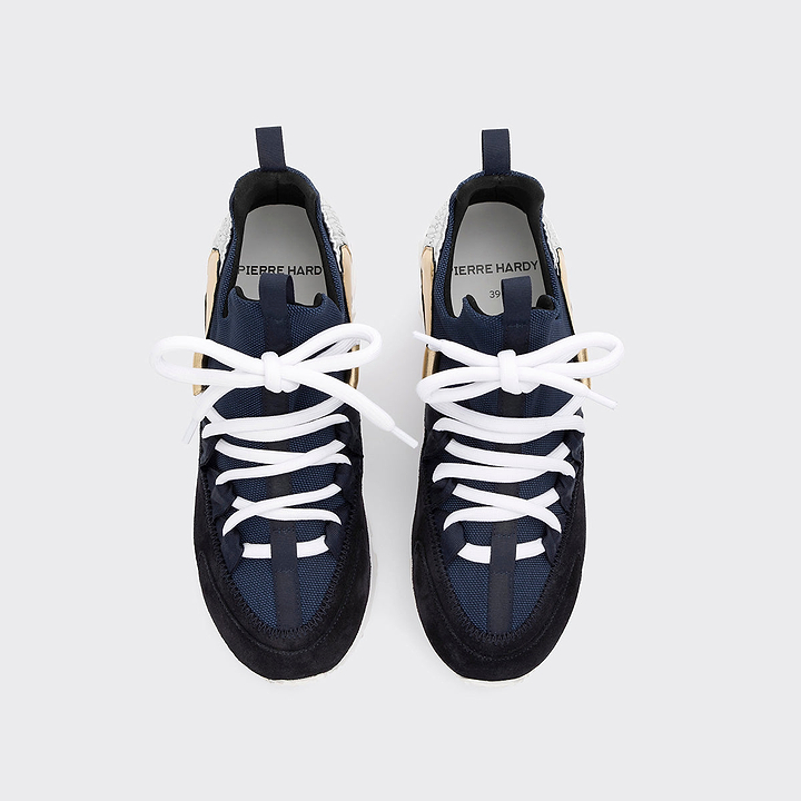 Pierre Hardy TREK COMET SNEAKERS, navy nylon canvas, navy suede calfskin and silver and champagne lambskin, view 2