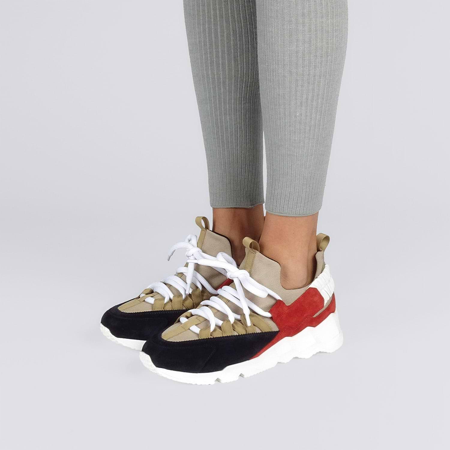 Pierre Hardy TREK COMET SNEAKERS, sand nylon canvas, red and navy suede calfskin, view 4