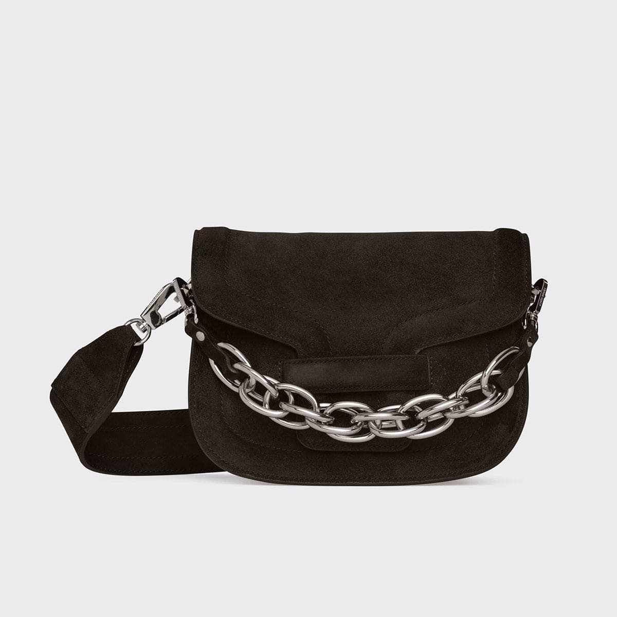 Black suede bag with silver chain on sale