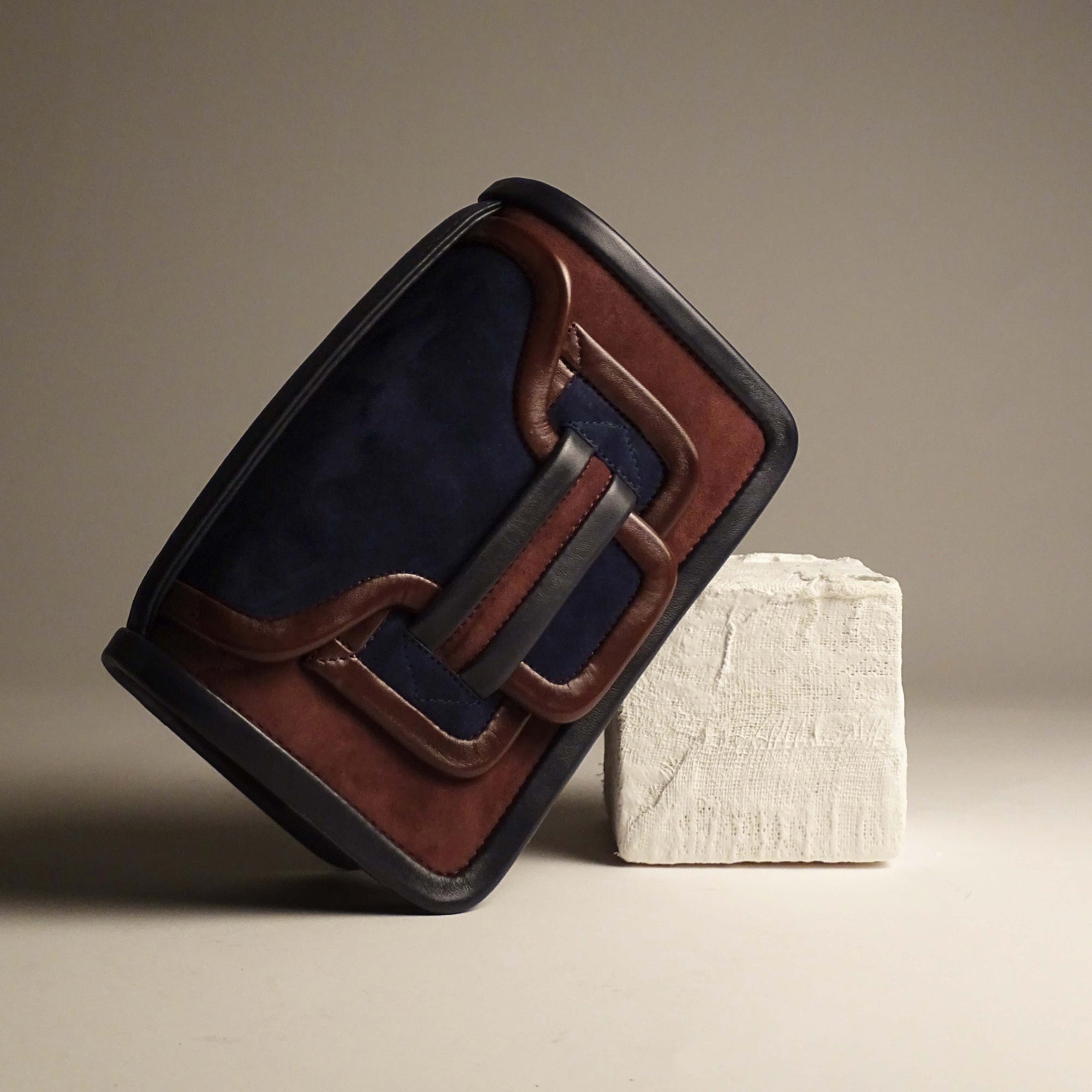 Pierre Hardy ALPHA HANDBAG, suede kidskin and brown and navy lambskin, view 7