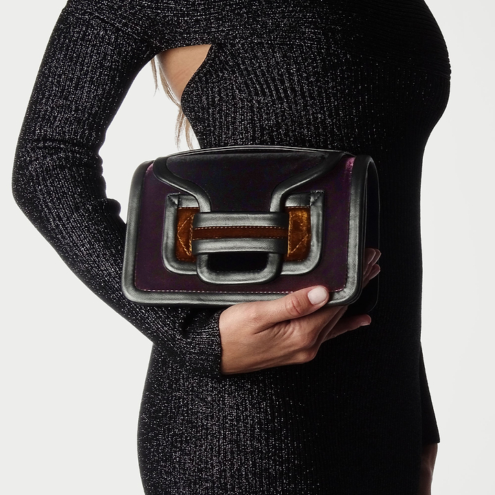 Pierre Hardy ALPHA HANDBAG, black, plum and camel suede and black lambskin, view 3