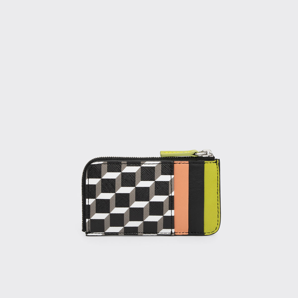 Pierre Hardy BABYLONE COIN PURSE, cube perspective coated canvas, lime and apricot lambskin and black calfskin
