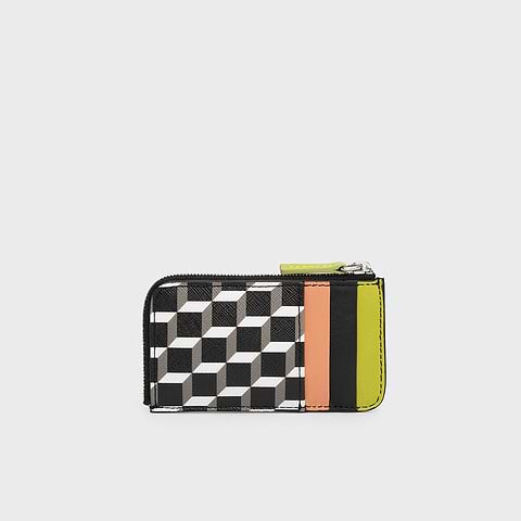 Pierre Hardy BABYLONE COIN PURSE, cube perspective coated canvas, lime and apricot lambskin and black calfskin