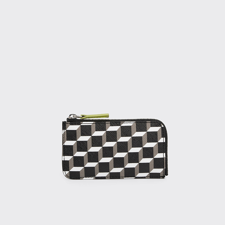 Pierre Hardy BABYLONE COIN PURSE, cube perspective coated canvas, lime and apricot lambskin and black calfskin, view 3