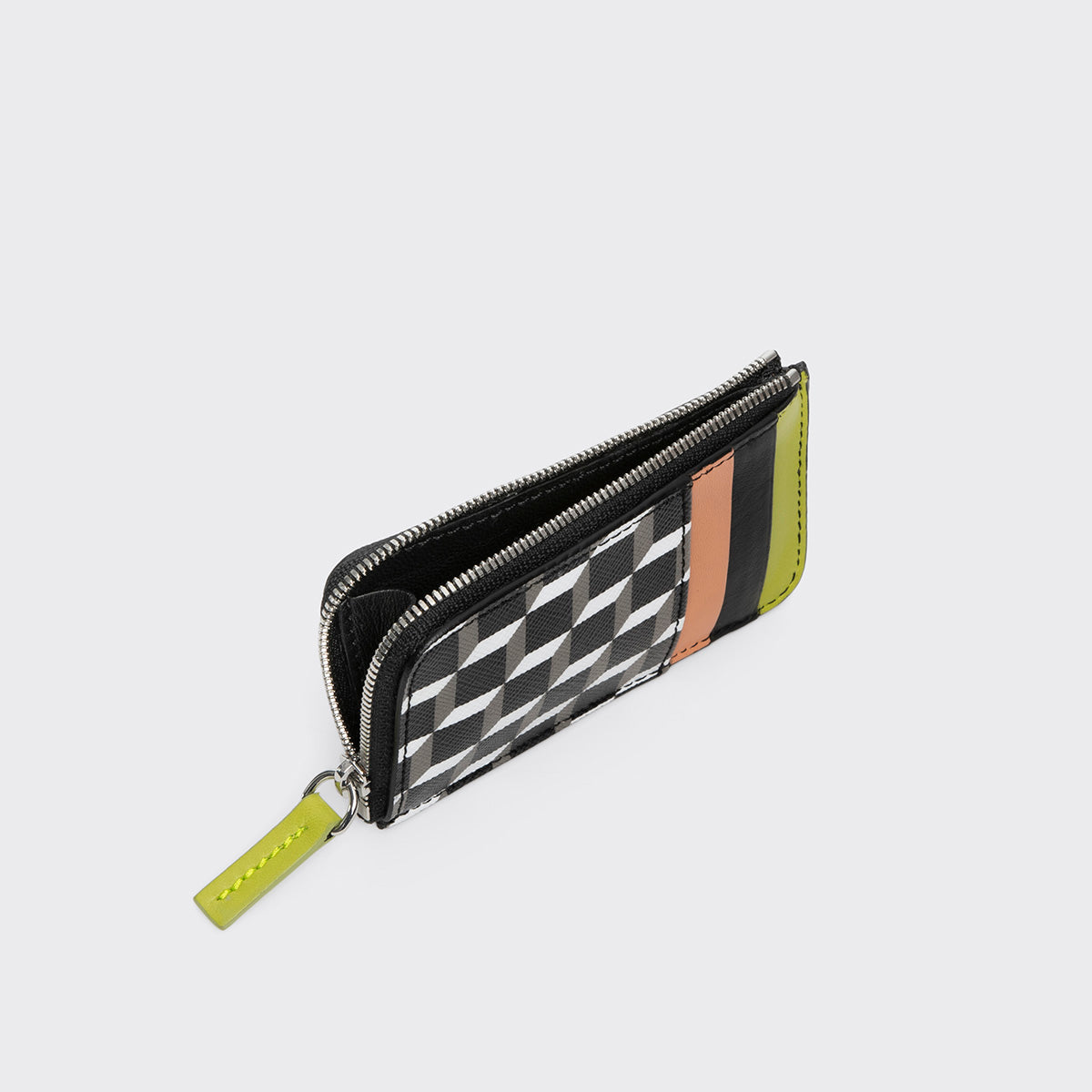 Pierre Hardy BABYLONE COIN PURSE, cube perspective coated canvas, lime and apricot lambskin and black calfskin, view 2