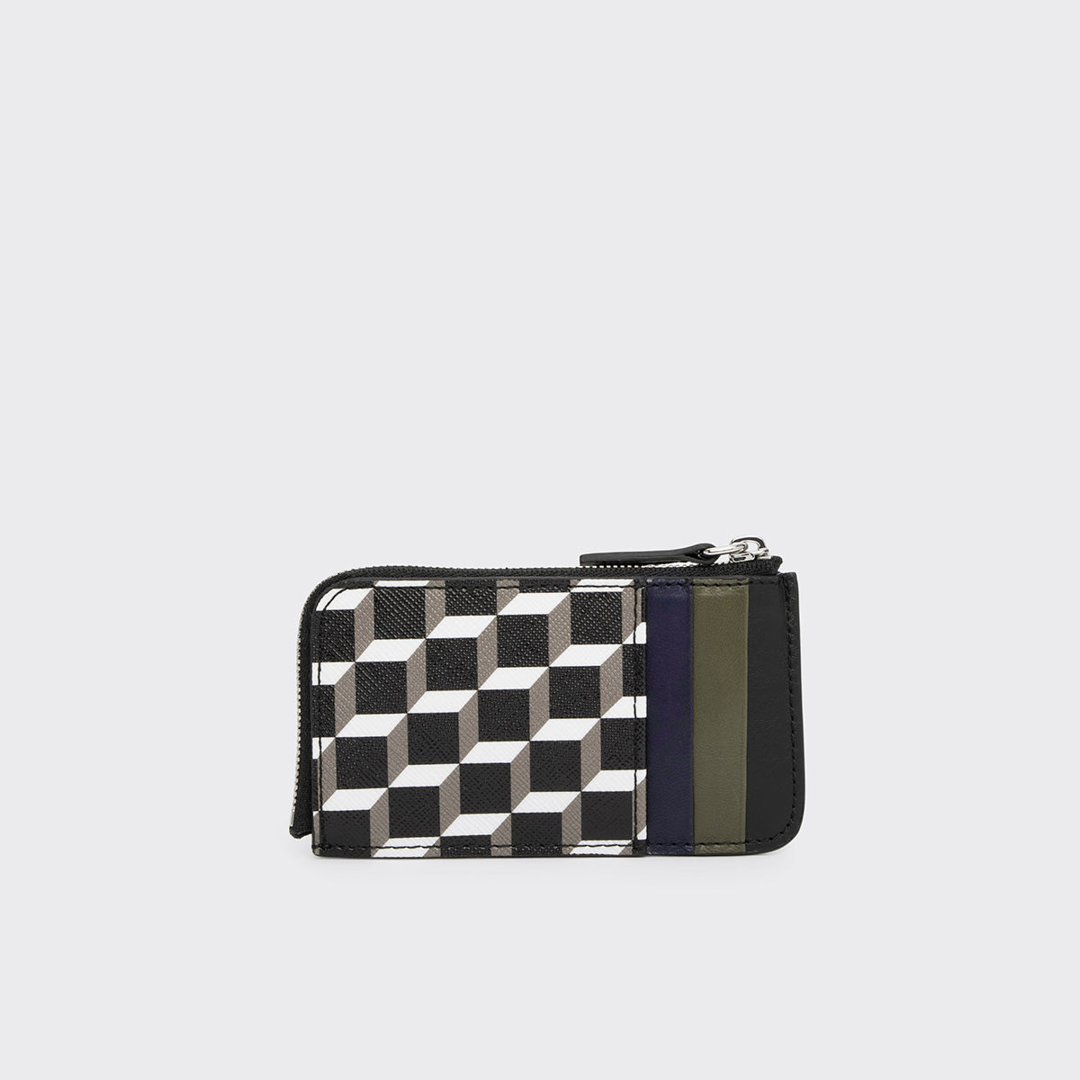 Pierre Hardy BABYLONE COIN PURSE, cube perspective coated canvas, navy and khaki lambskin and black calfskin