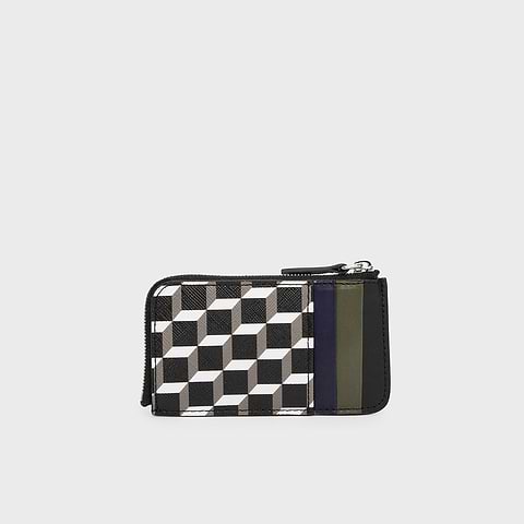 Pierre Hardy BABYLONE COIN PURSE, cube perspective coated canvas, navy and khaki lambskin and black calfskin