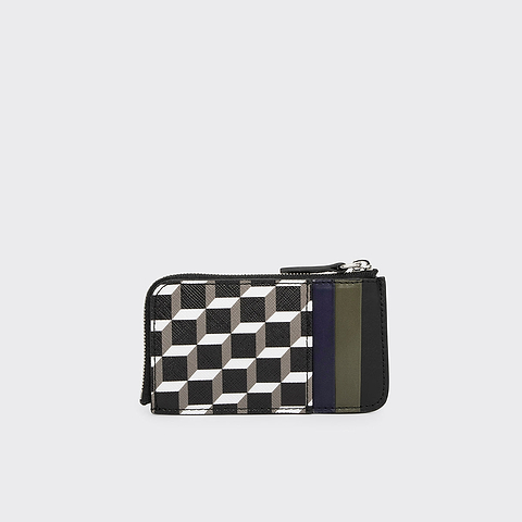 Pierre Hardy BABYLONE COIN PURSE, cube perspective coated canvas, navy and khaki lambskin and black calfskin