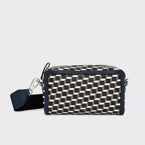 Pierre Hardy MAXI CUBE BOX BAG, cube perspective coated canvas and navy grained calfskin