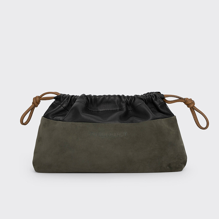 Pierre Hardy TWIN CLUTCH, khaki suede kidskin and black lambskin, view 5