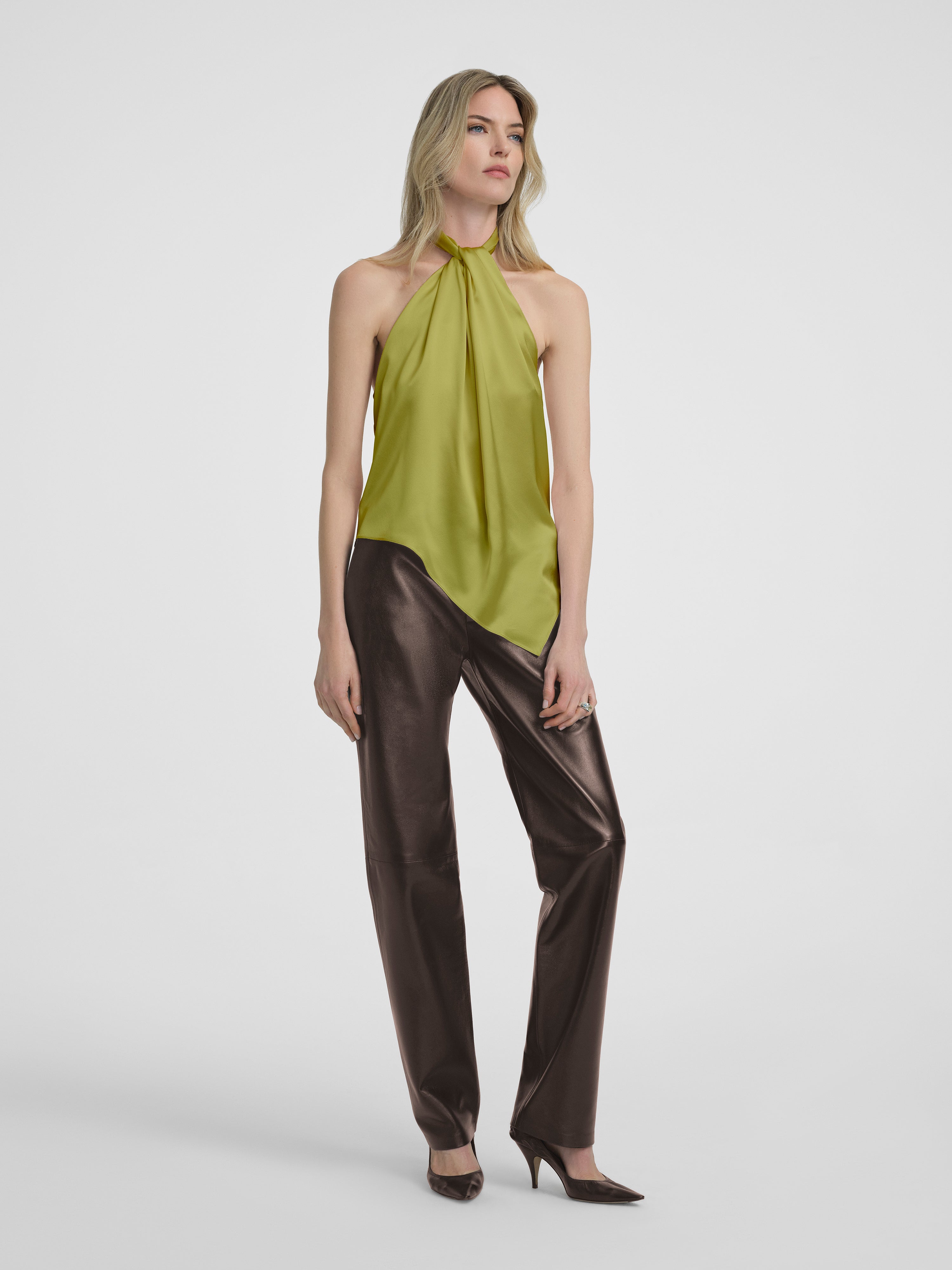 AFLALO Safira Top in Silk – Chartreuse - Model Front