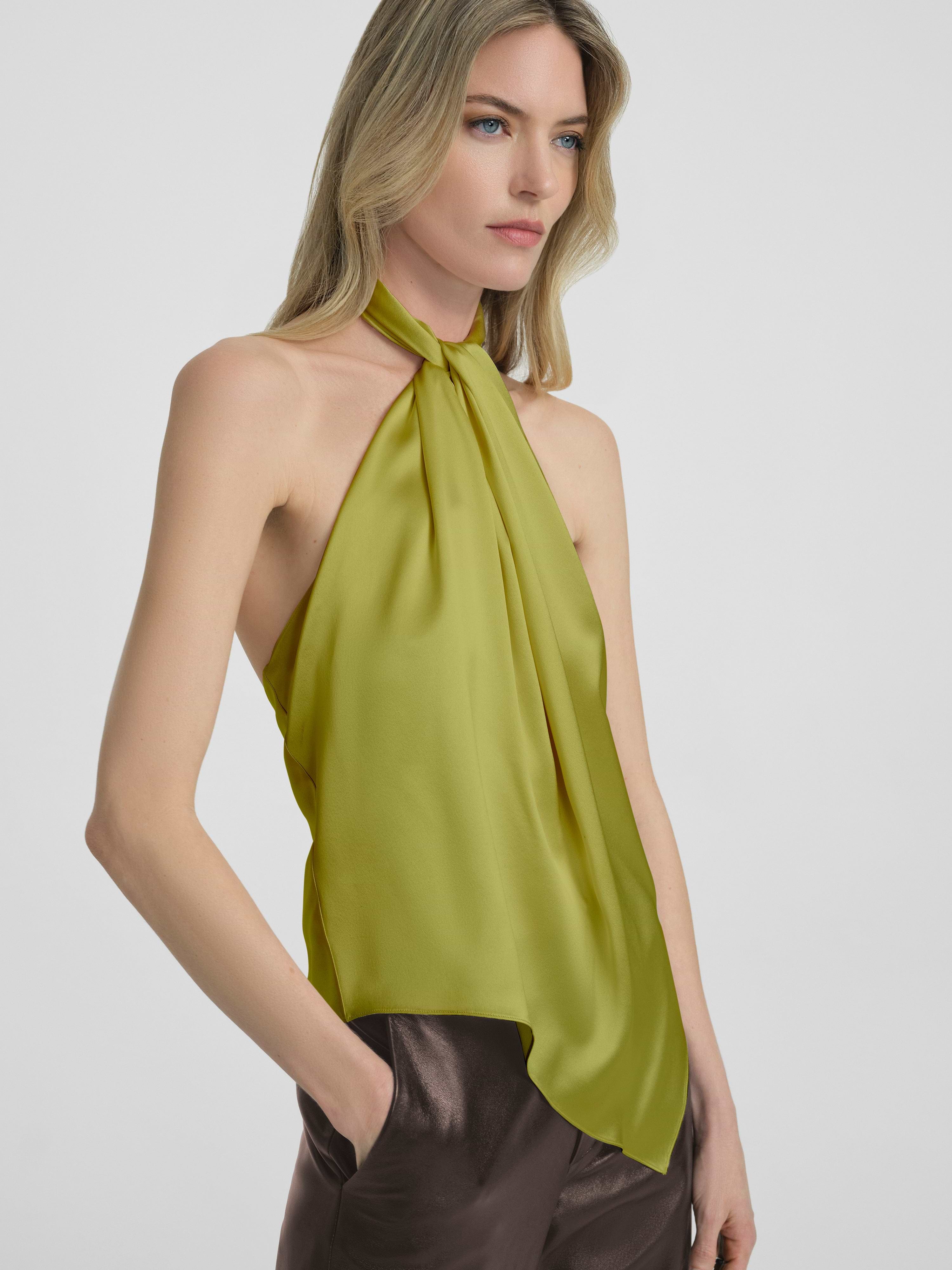 AFLALO Safira Top in Silk – Chartreuse - Model Front Side