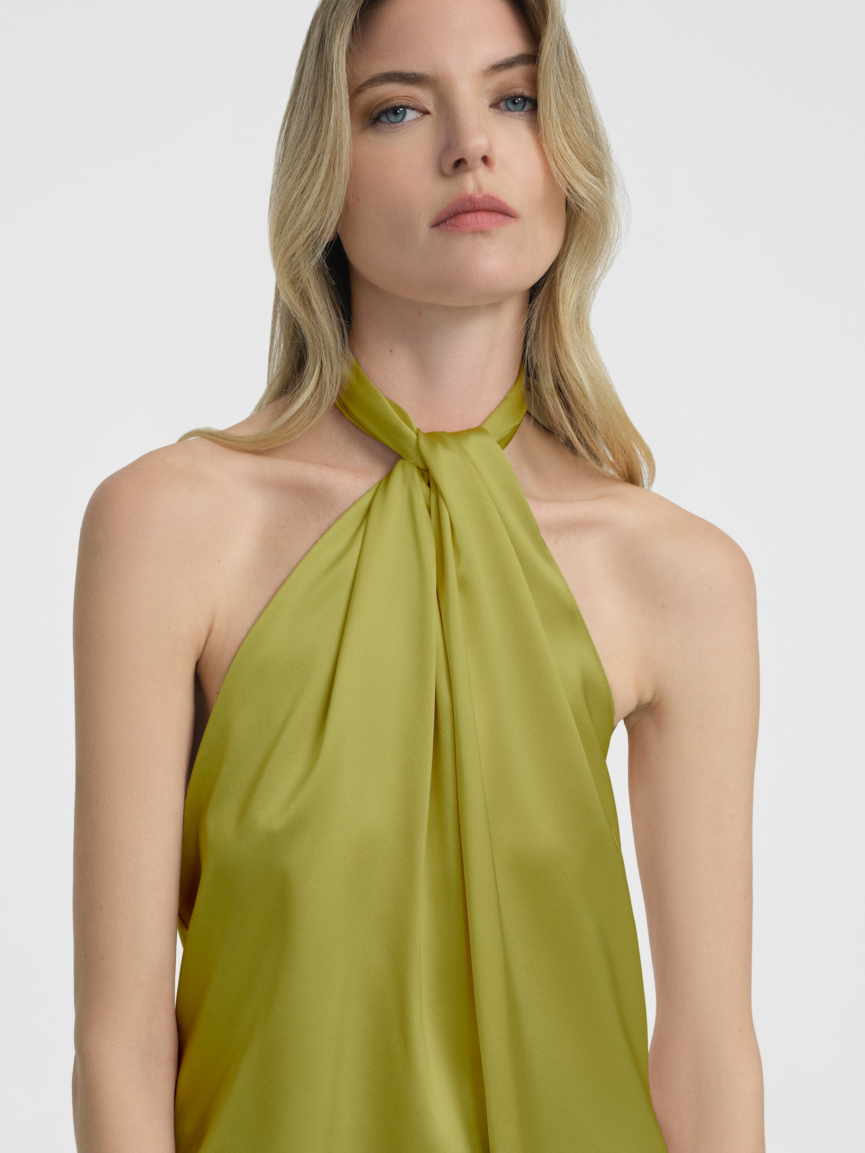 AFLALO Safira Top in Silk – Chartreuse - Model Front Close Up