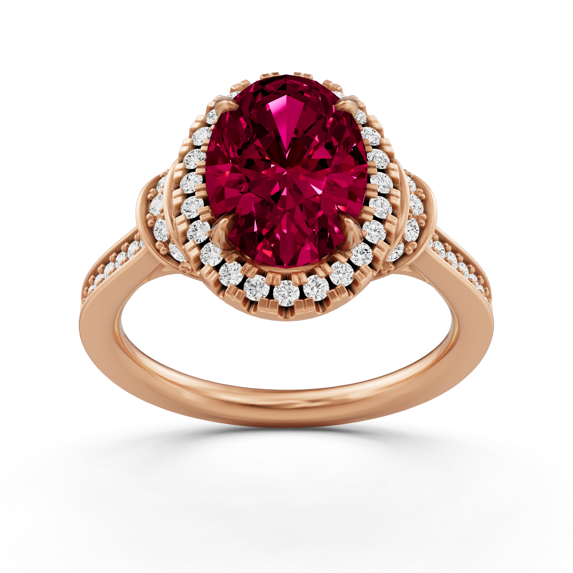 2 2/5 ctw Oval Created Ruby French Pave Halo Engagement Ring - Von Diamonds