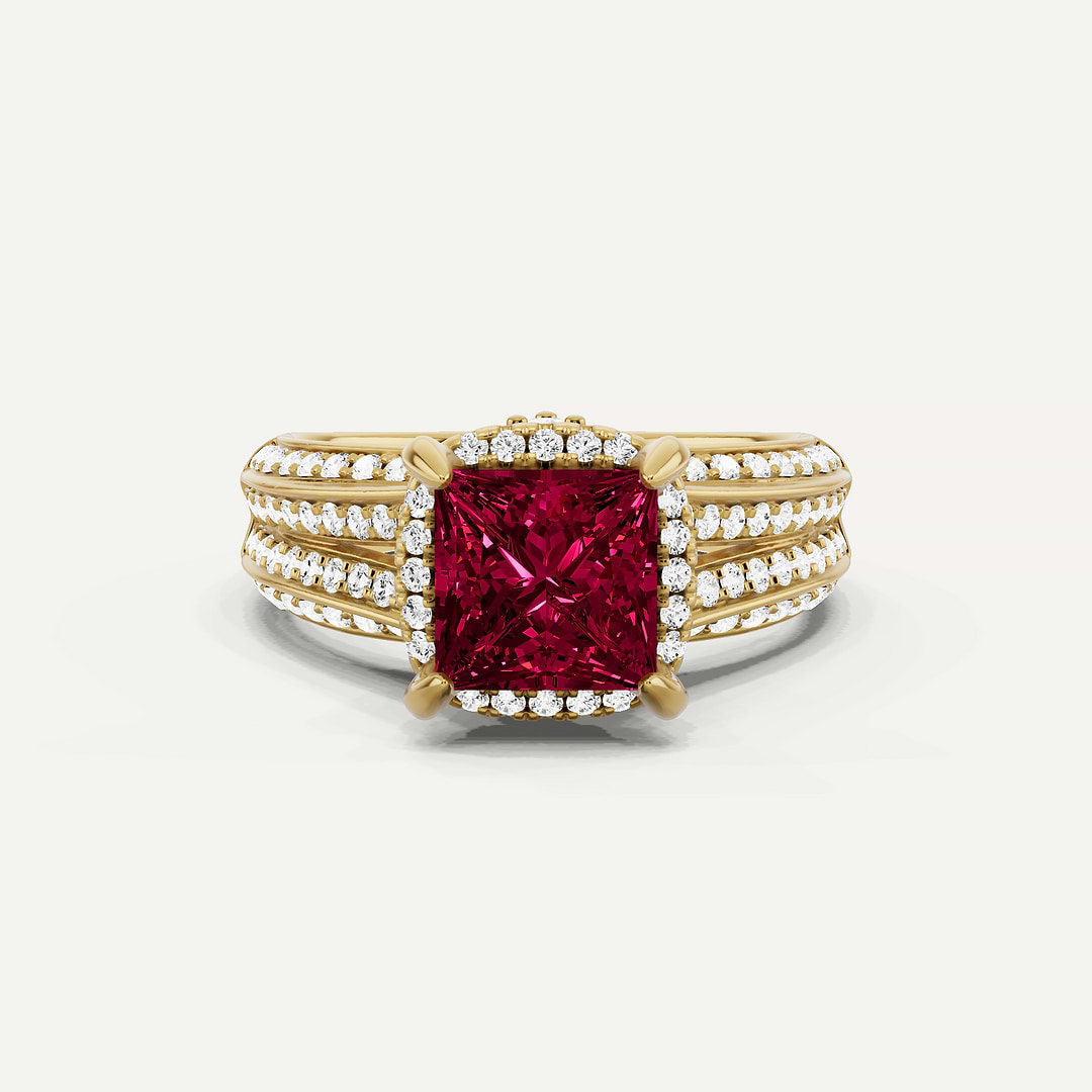 フラダンス Ruby Ring 2 ctw Princess Created Ruby Double Row Split Shank Halo