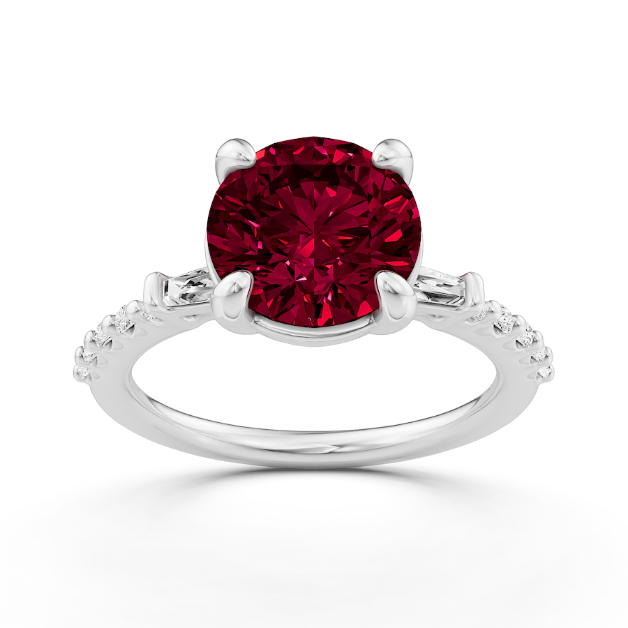 2 1/4 ctw Round Created Ruby Baguette Sides Side Stone Engagement Ring ...