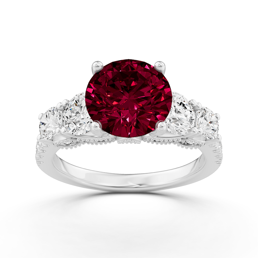 3 1/4 ctw Round Created Ruby Graduated Side Stone Engagement Ring - Von ...