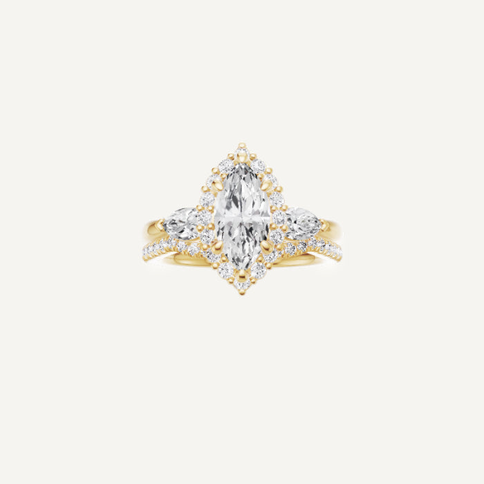 Stella-Marquise Side Engagement Ring in 18K Yellow Gold With Diana Halo Setting, [Ring Size: 5.00 & Estimated Shipping Date:  Mon, Apr 28, 2025]