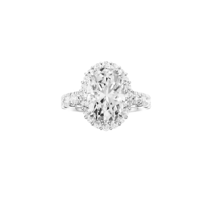 Celeste-Shared Prong Engagement Ring in 14K White Gold With Diana Halo Setting, [Ring Size: 8.00 & Estimated Shipping Date:  Mon, Feb 05, 2024]