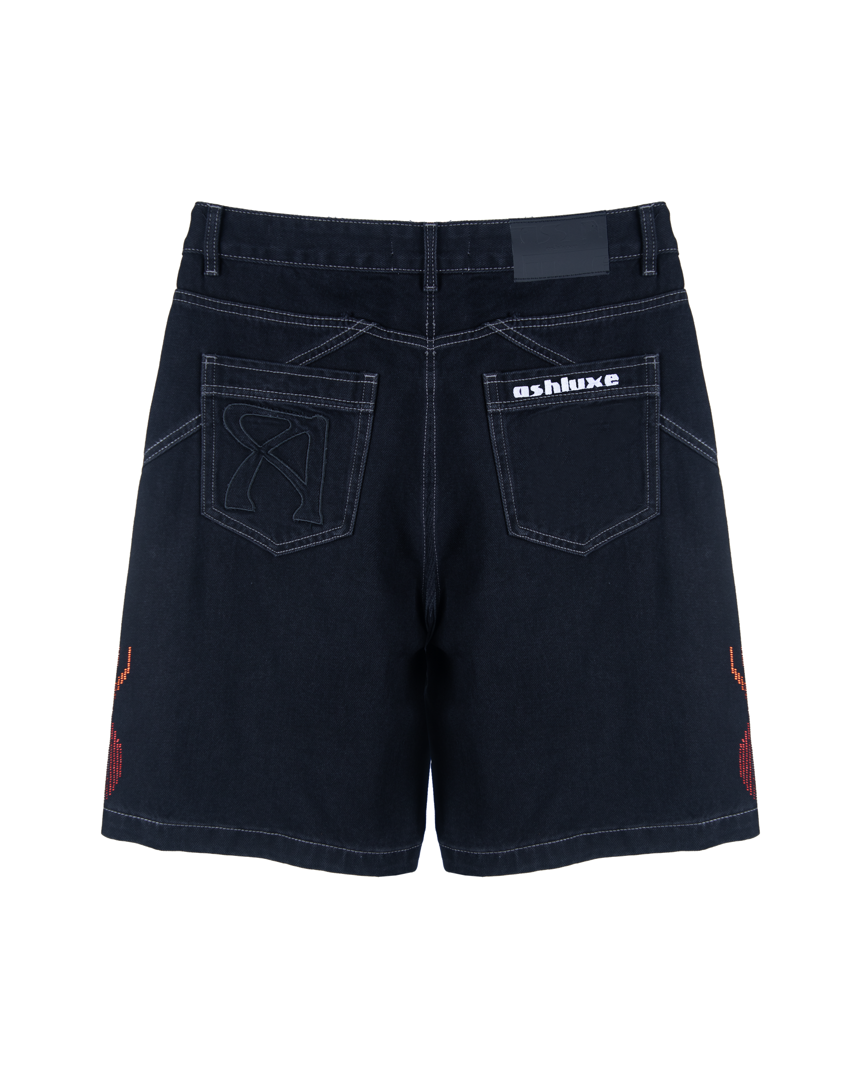 Ashluxe Flame Denim Short in black with red and orange flame embroidery on both sides.