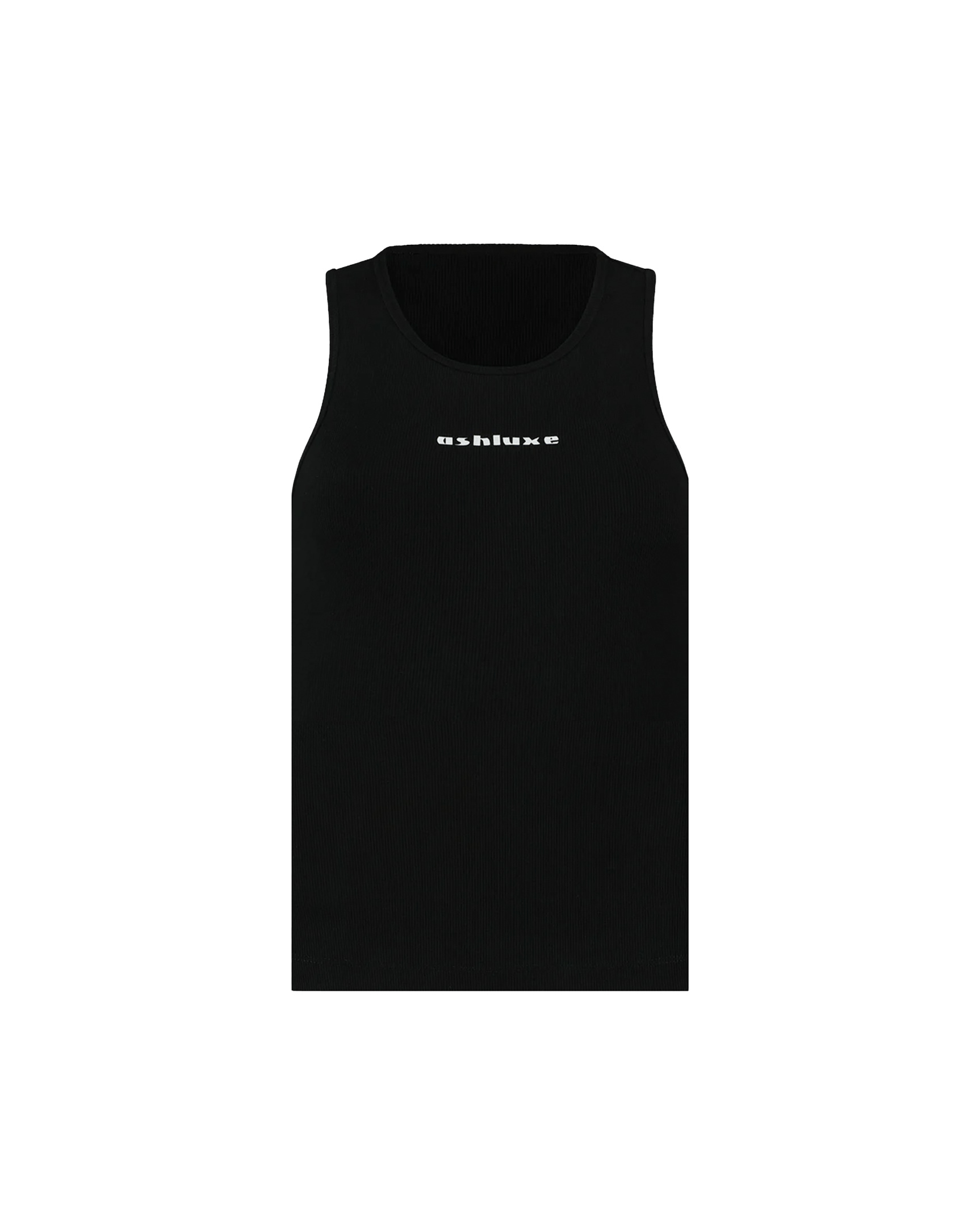 Ashluxe Logo Tank Top in Black with white Ashluxe logo printed on the chest, sleeveless ribbed design for a sleek minimalist look.