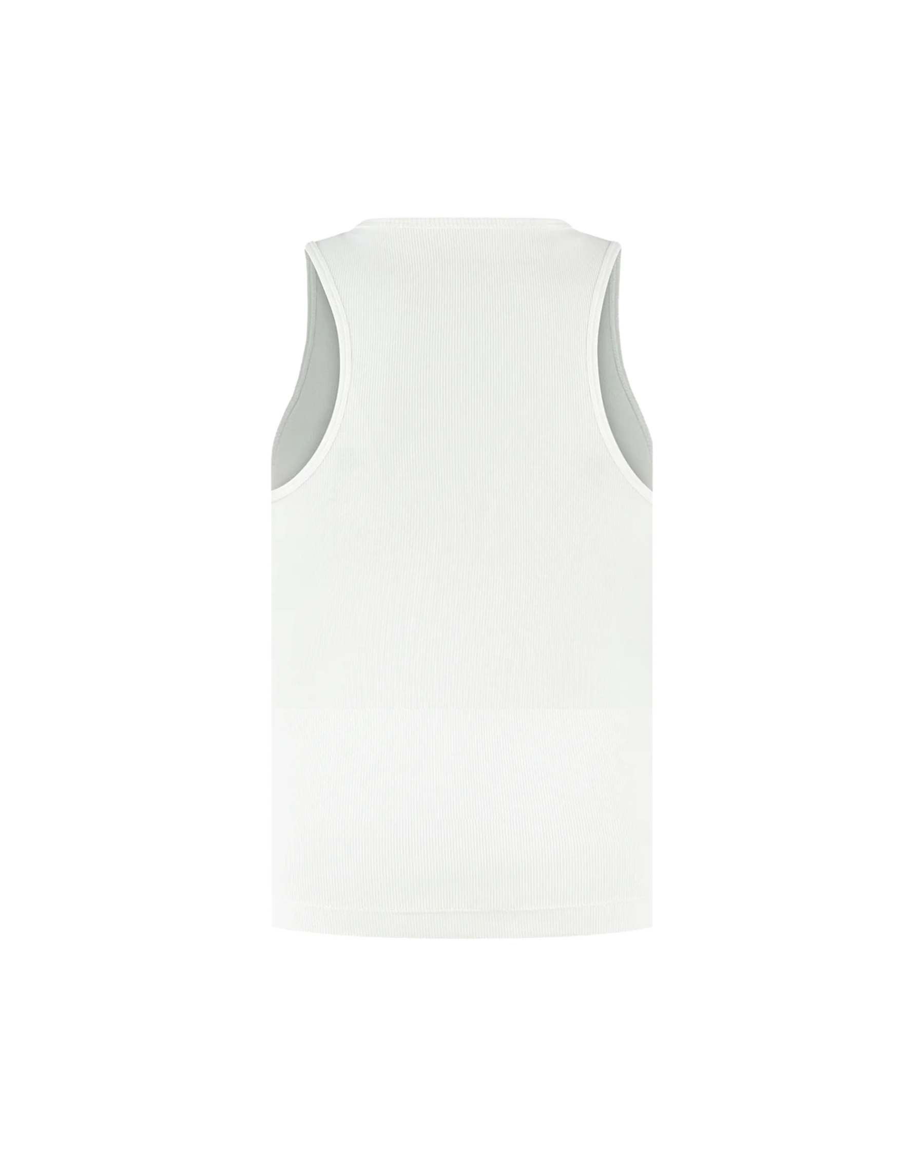 Ashluxe Logo Tank Top in White with black Ashluxe logo printed on the chest, sleeveless ribbed design for a sleek minimalist look.