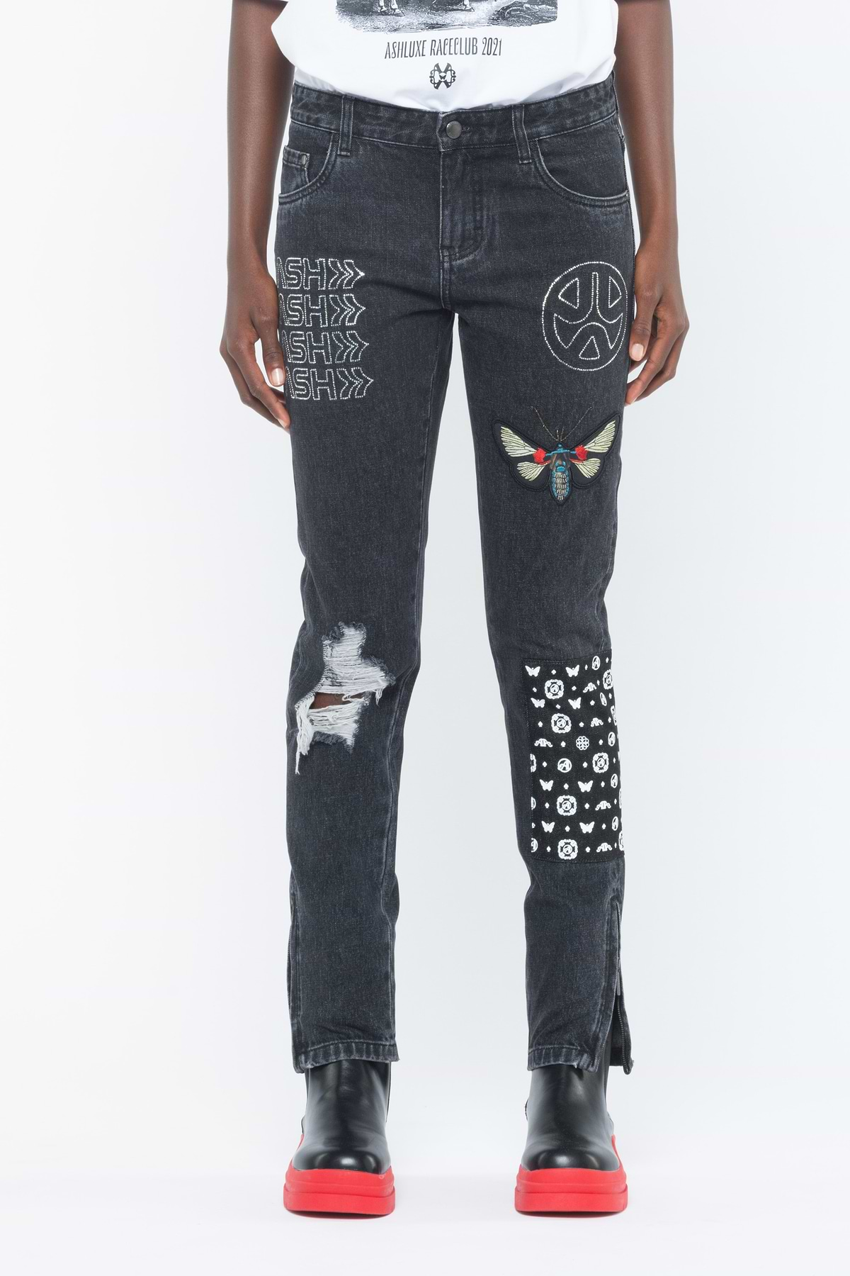 Ashluxe Black Rhinestone Patch Denim