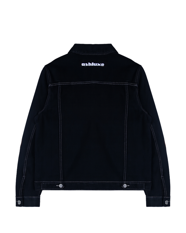 Ashluxe Hotflix Flame Denim Jacket in black with red and orange flame embroidery on sleeves and white logo on chest - back view.