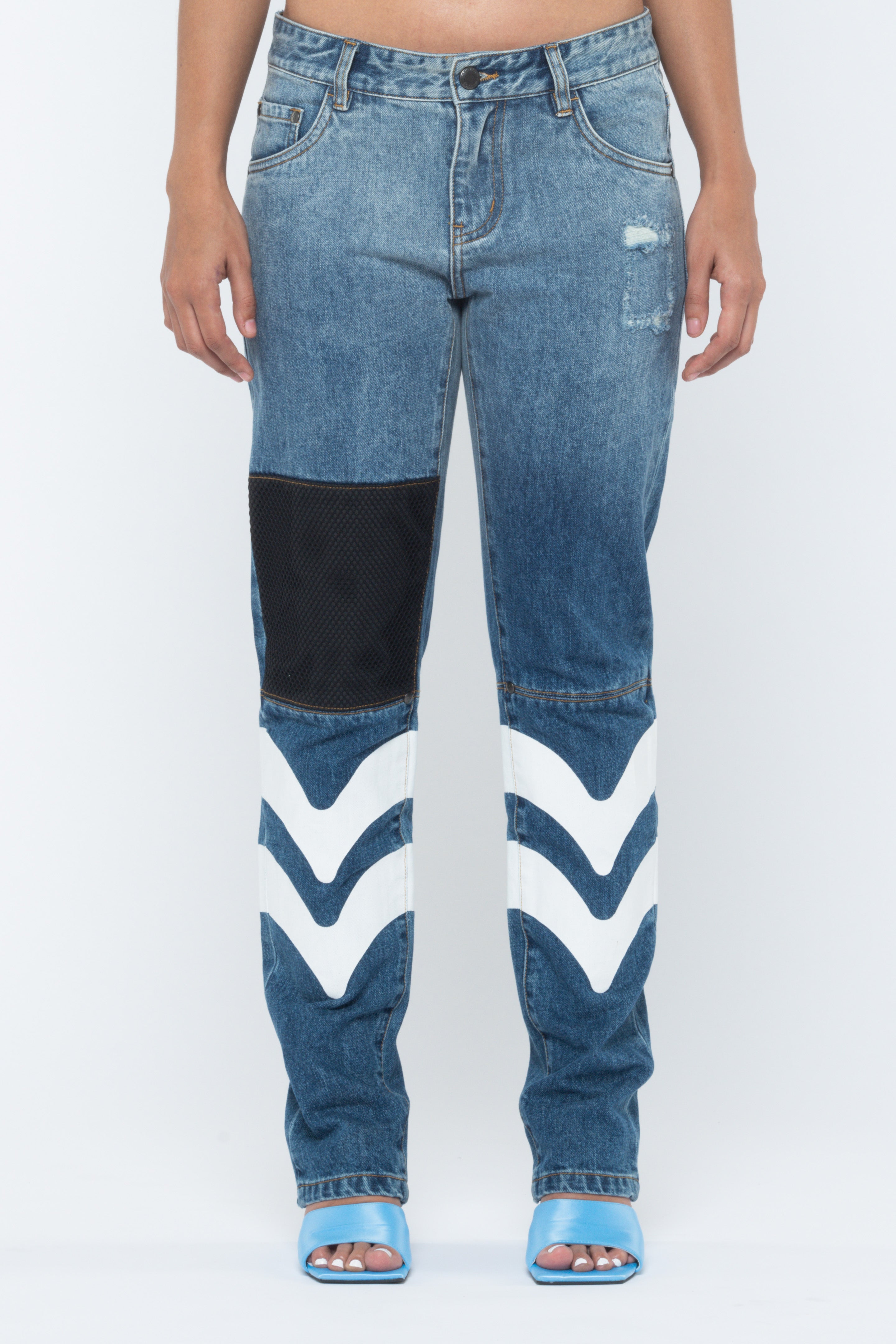 Ashluxe Leather Patch Denim Pants Blue