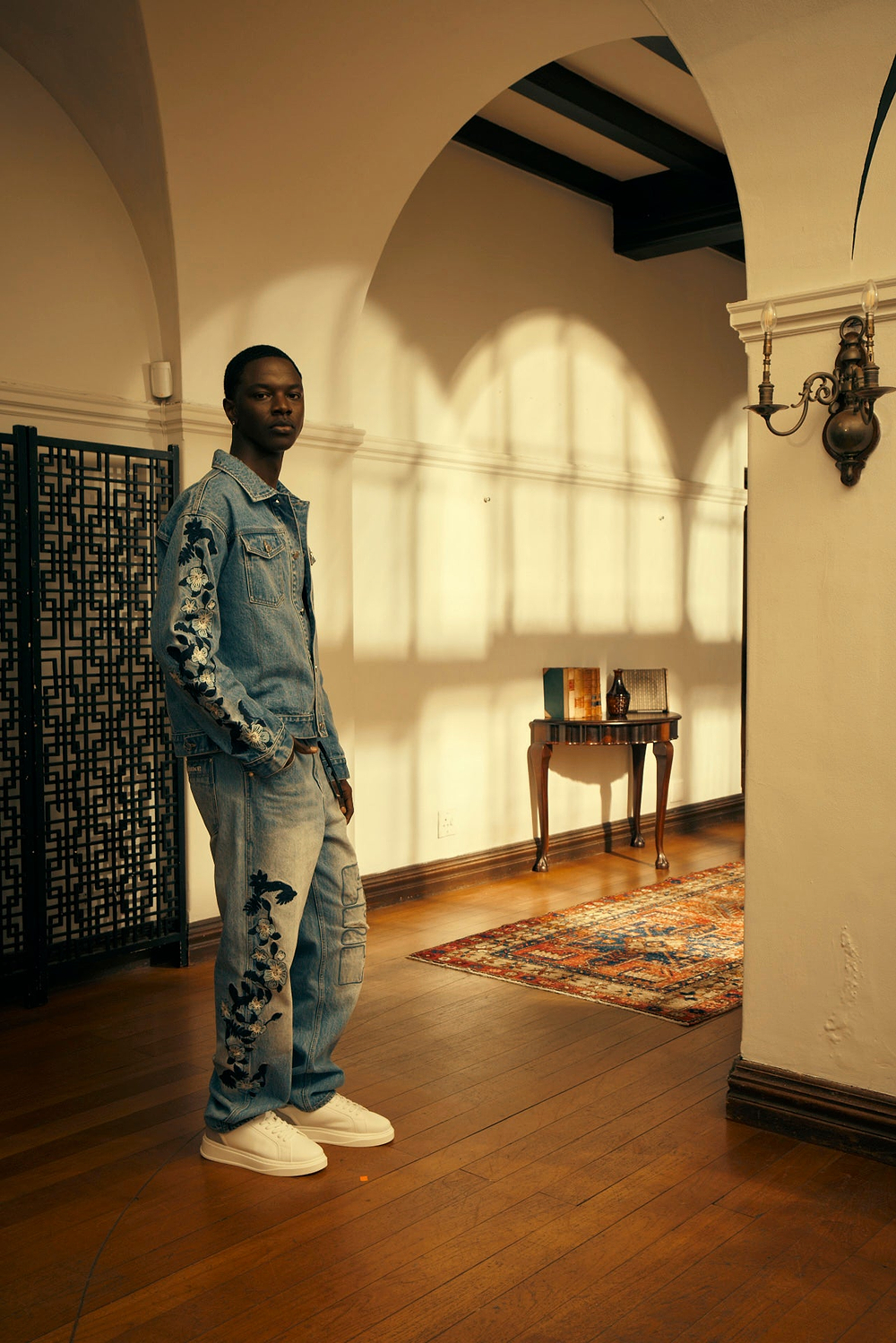 Ashluxe Flowery Sleeve Denim Jacket Blue