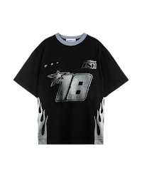 Ashluxe 18 Flame T-shirt in black featuring silver flame graphics and bold number 18 print on the front