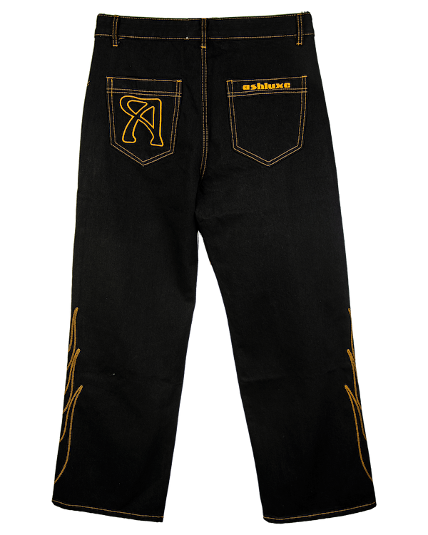 Ashluxe Flame Embroidered Denim Pants Black